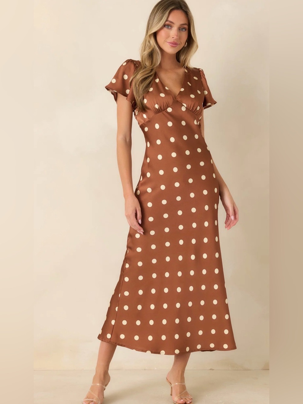Polka Dot V-Neck Midi Dress in Brown and Cream size Large